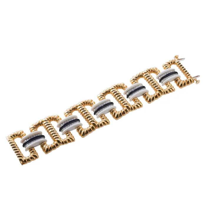 1980s Enamel Diamond Gold Wide Link Bracelet Not Signed Bracelets