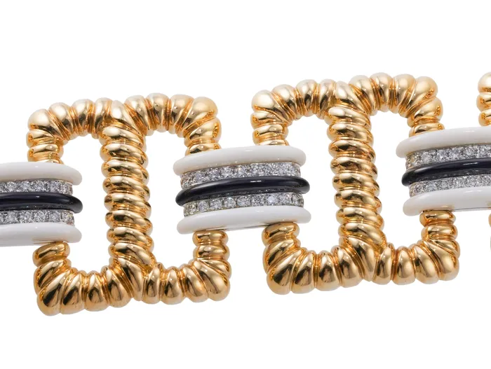 1980s Enamel Diamond Gold Wide Link Bracelet Not Signed Bracelets