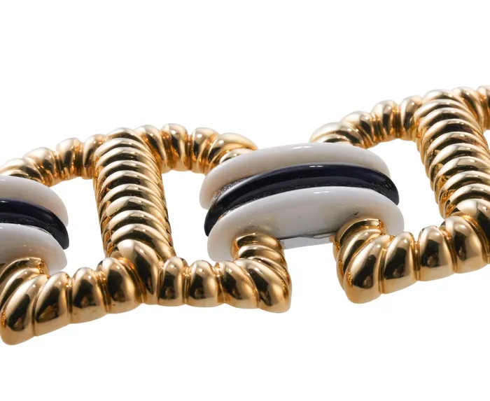 1980s Enamel Diamond Gold Wide Link Bracelet Not Signed Bracelets