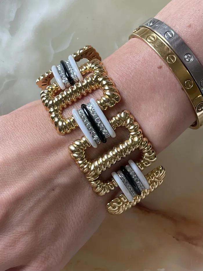 1980s Enamel Diamond Gold Wide Link Bracelet Not Signed Bracelets