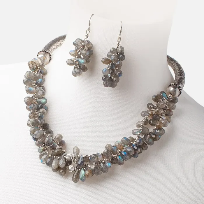 Beadsofcambaycom Necklaces Labradorite Faceted Tear Drop Antiqued Silver Necklace and Earring Set AAA Beadsofcambaycom Necklaces Labradorite Faceted Tear Drop Antiqued Silver Necklace and Earring Set AAA