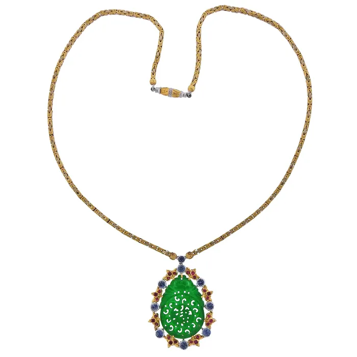 Buccellati Necklaces Buccellati Carved Jade Sapphire Ruby Gold Pendant Necklace Buccellati Necklaces Buccellati Carved Jade Sapphire Ruby Gold Pendant Necklace