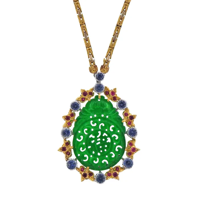 Buccellati Necklaces Buccellati Carved Jade Sapphire Ruby Gold Pendant Necklace