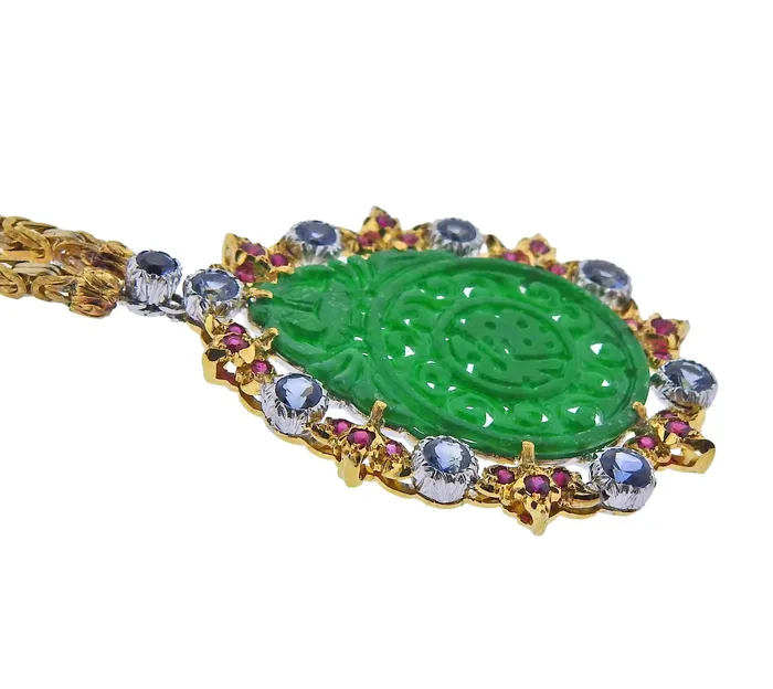 Buccellati Necklaces Buccellati Carved Jade Sapphire Ruby Gold Pendant Necklace