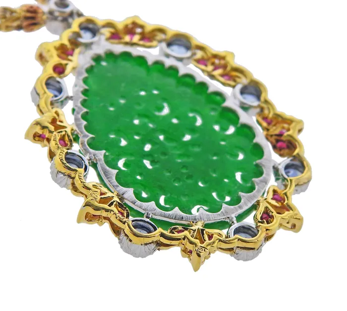 Buccellati Necklaces Buccellati Carved Jade Sapphire Ruby Gold Pendant Necklace