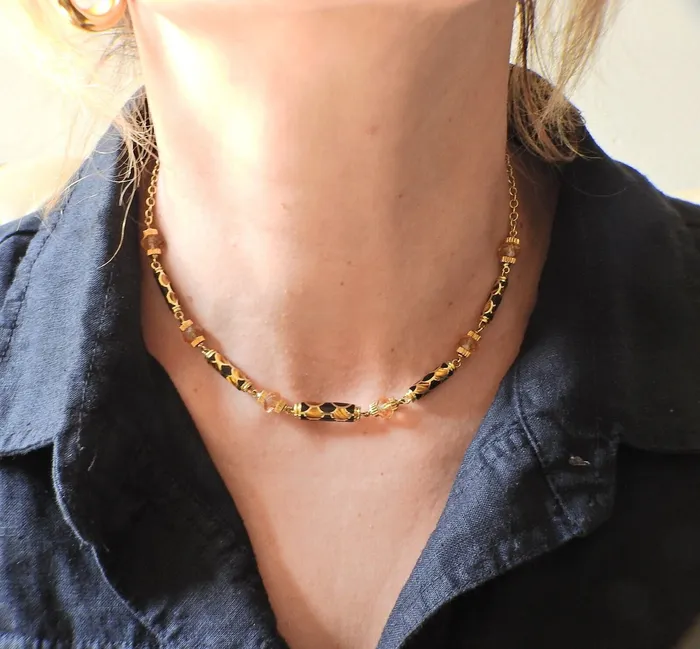Necklaces Asch Grossbardt Asch Grossbardt Inlay Tigers Eye Onyx Citrine Gold Necklace