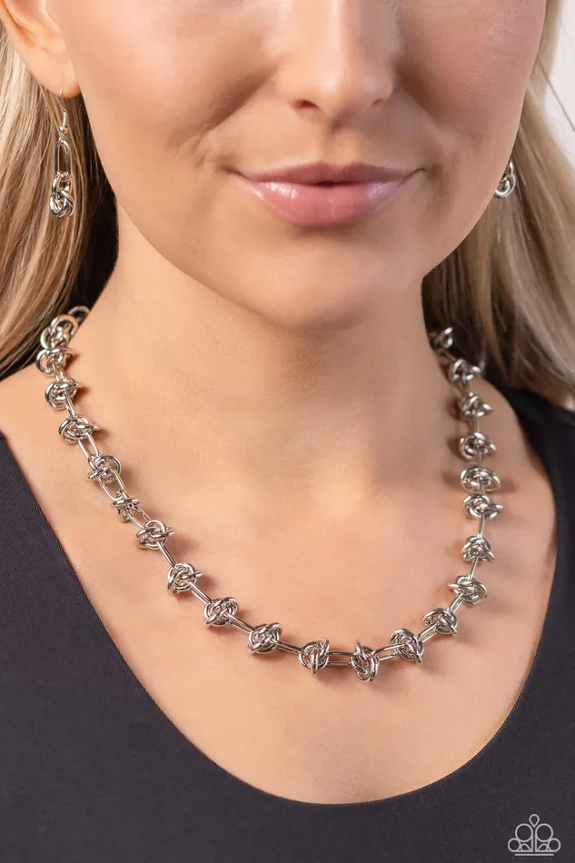 Necklaces Paparazzi Accessories Knotted Kickoff Silver Necklace Jewelry by Bretta Necklaces Paparazzi Accessories Knotted Kickoff Silver Necklace Jewelry by Bretta