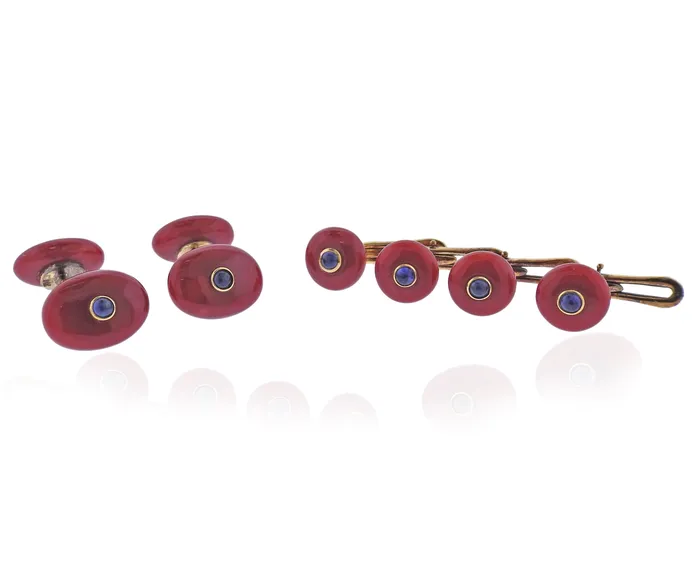 Not Signed PreStyled Sets Coral Sapphire Gold Cufflinks Studs Set Not Signed PreStyled Sets Coral Sapphire Gold Cufflinks Studs Set