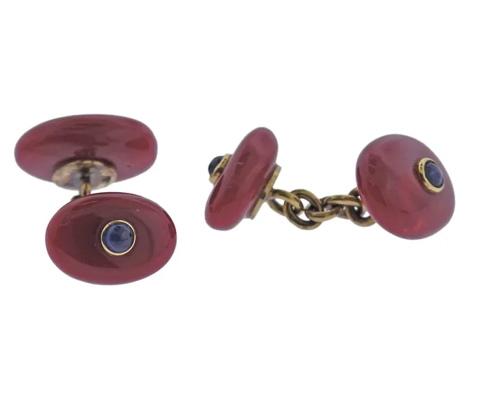 Not Signed PreStyled Sets Coral Sapphire Gold Cufflinks Studs Set Not Signed PreStyled Sets Coral Sapphire Gold Cufflinks Studs Set