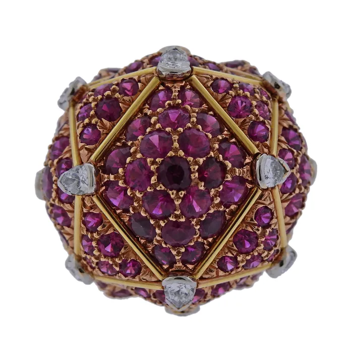 Rings David Webb David Webb Geodesic Diamond Ruby Gold Platinum Dome Ring
