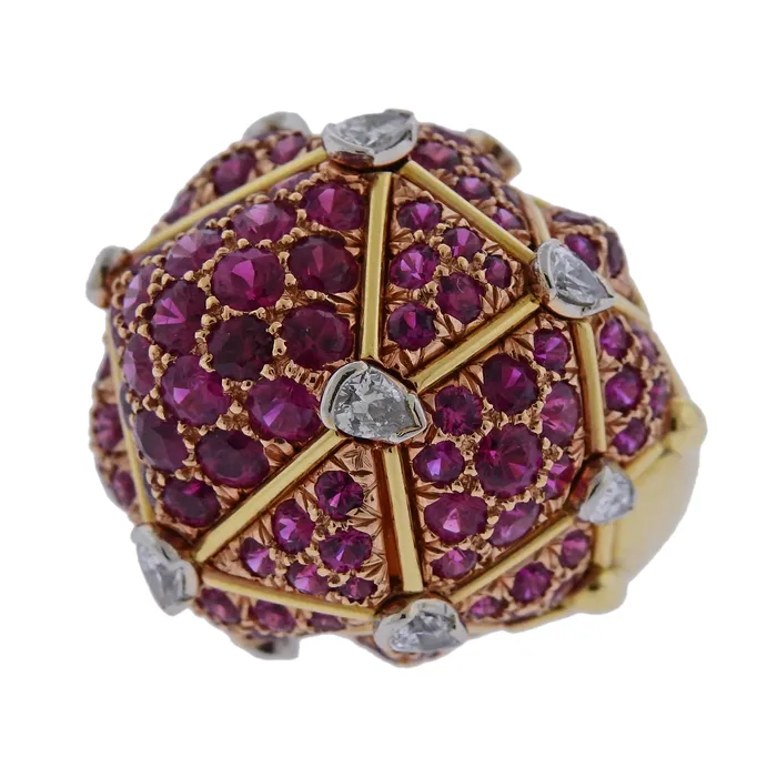 Rings David Webb David Webb Geodesic Diamond Ruby Gold Platinum Dome Ring