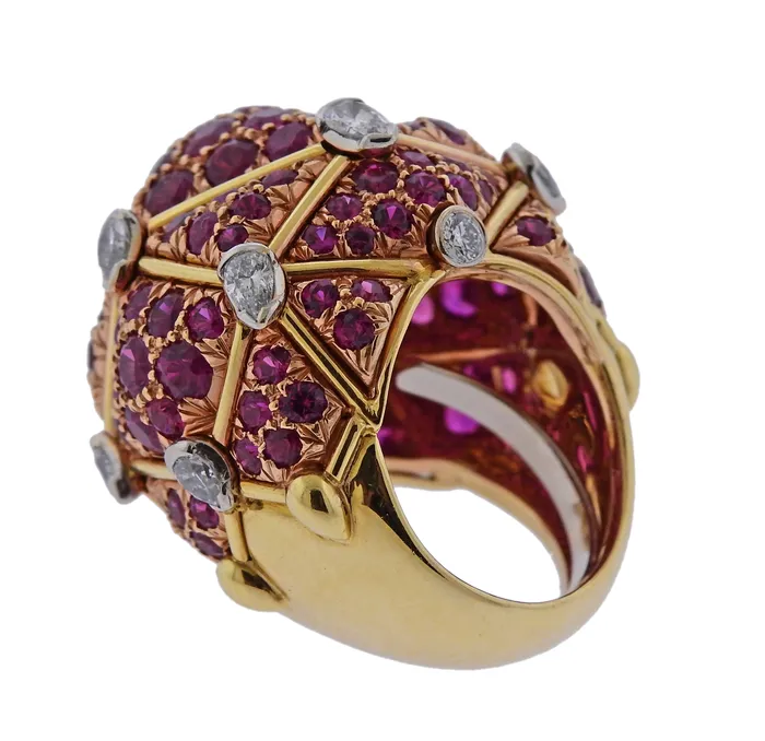 Rings David Webb David Webb Geodesic Diamond Ruby Gold Platinum Dome Ring