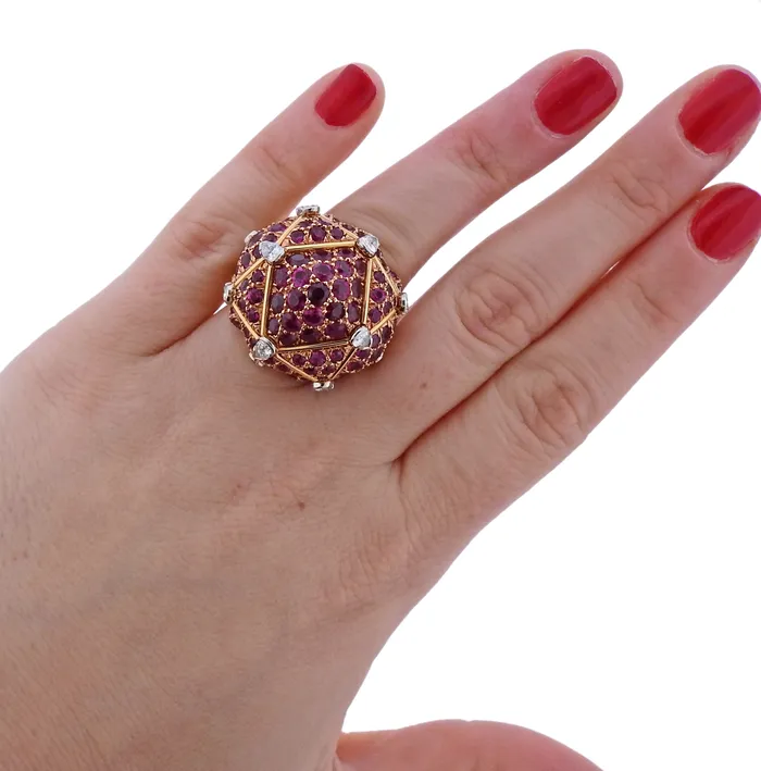 Rings David Webb David Webb Geodesic Diamond Ruby Gold Platinum Dome Ring