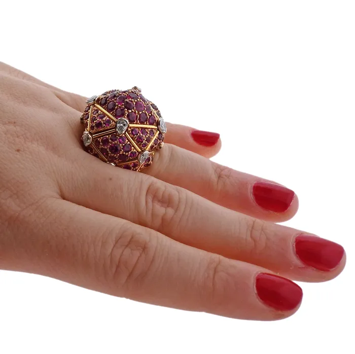 Rings David Webb David Webb Geodesic Diamond Ruby Gold Platinum Dome Ring