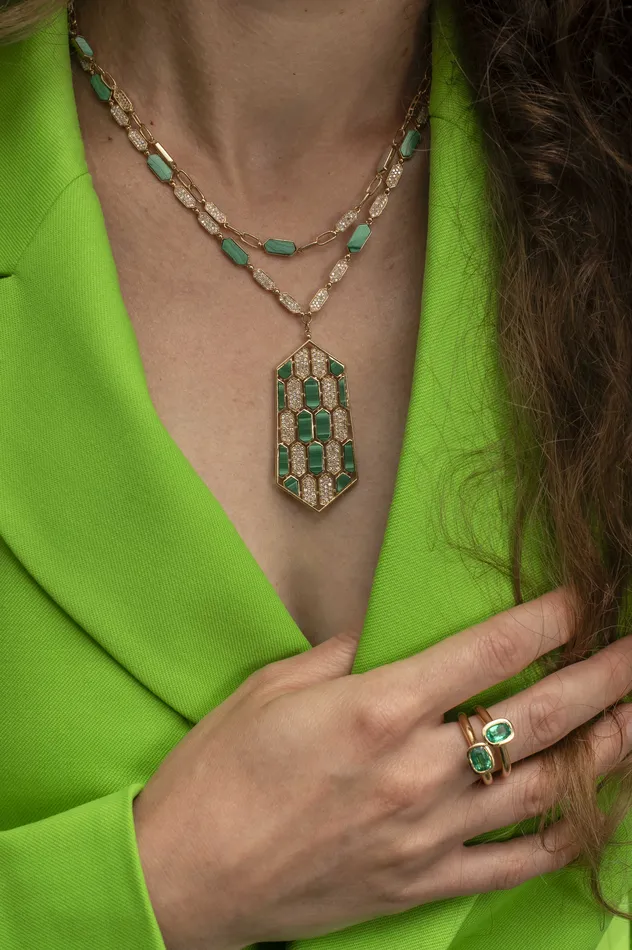 YaninaCo Jewelry Necklaces Malachite and Diamond Necklace