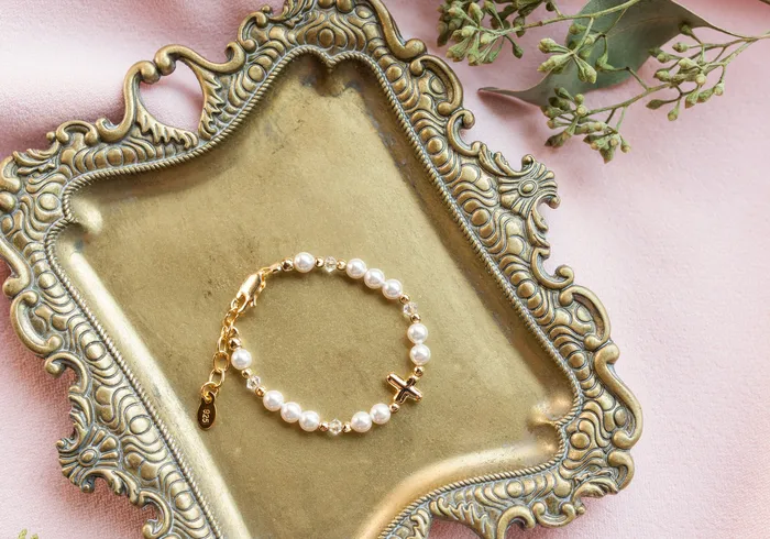 14K GoldPlated Pearl Cross Bracelet First Communion Gift for Girls Cherished Moments Bracelets