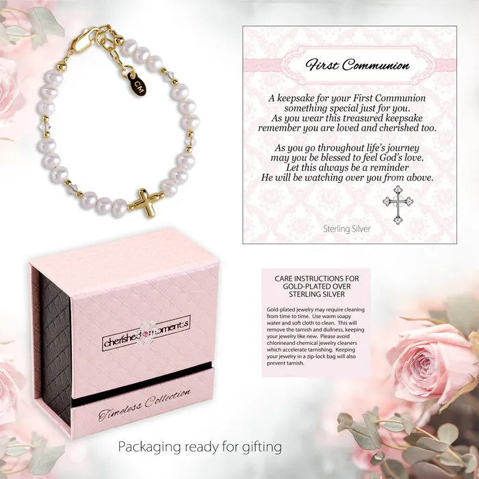 14K GoldPlated Pearl Cross Bracelet First Communion Gift for Girls Cherished Moments Bracelets