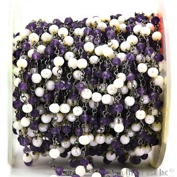 Amethyst With Pearl Beads Oxidized Wire Wrapped Rosary Chain GemMartUSA Necklaces Amethyst With Pearl Beads Oxidized Wire Wrapped Rosary Chain GemMartUSA Necklaces
