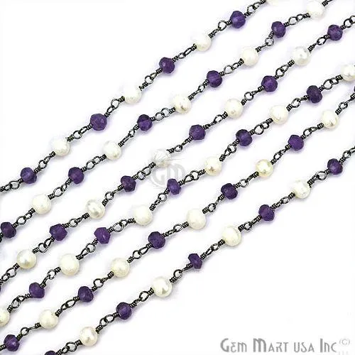 Amethyst With Pearl Beads Oxidized Wire Wrapped Rosary Chain GemMartUSA Necklaces