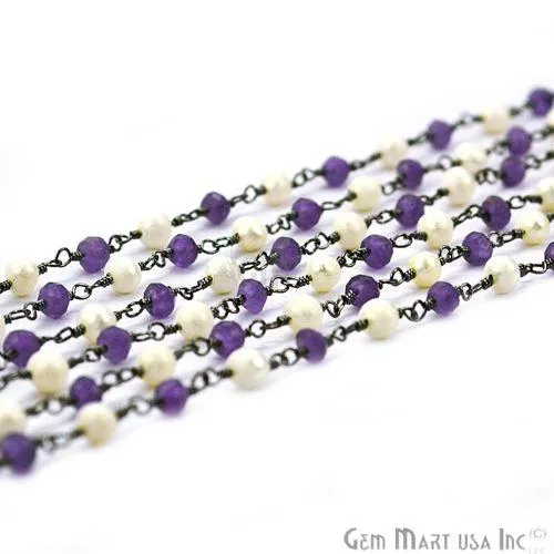 Amethyst With Pearl Beads Oxidized Wire Wrapped Rosary Chain GemMartUSA Necklaces