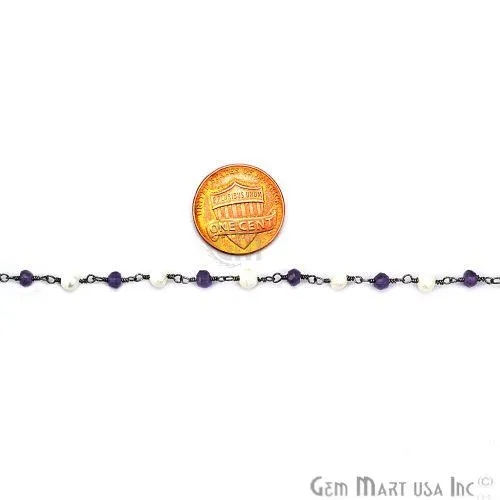 Amethyst With Pearl Beads Oxidized Wire Wrapped Rosary Chain GemMartUSA Necklaces
