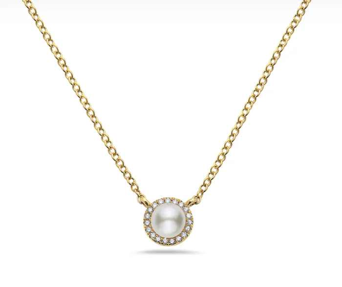 Bassali Necklaces 14k Yellow Gold Pearl Diamond Halo Necklace I8430