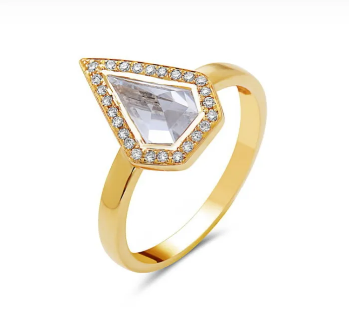 Bassali Rings 14k Yellow Gold White Topaz Diamond Shield Ring I8405