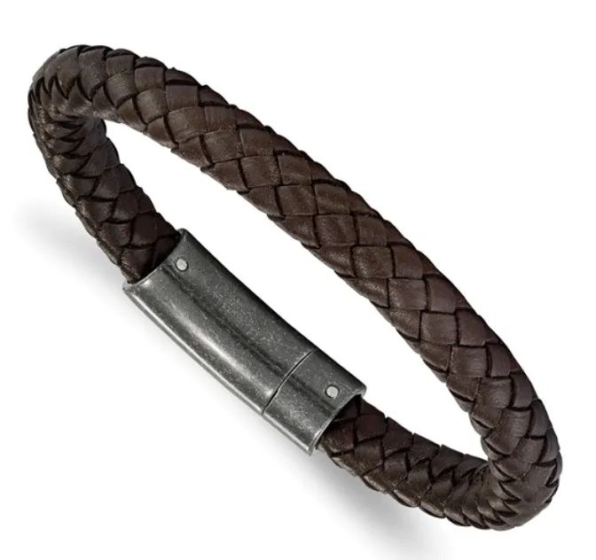 Bracelets Quality Gold Mens Stainless Steel Brushed Brown Braided Leather Bracelet SI3597 Bracelets Quality Gold Mens Stainless Steel Brushed Brown Braided Leather Bracelet SI3597