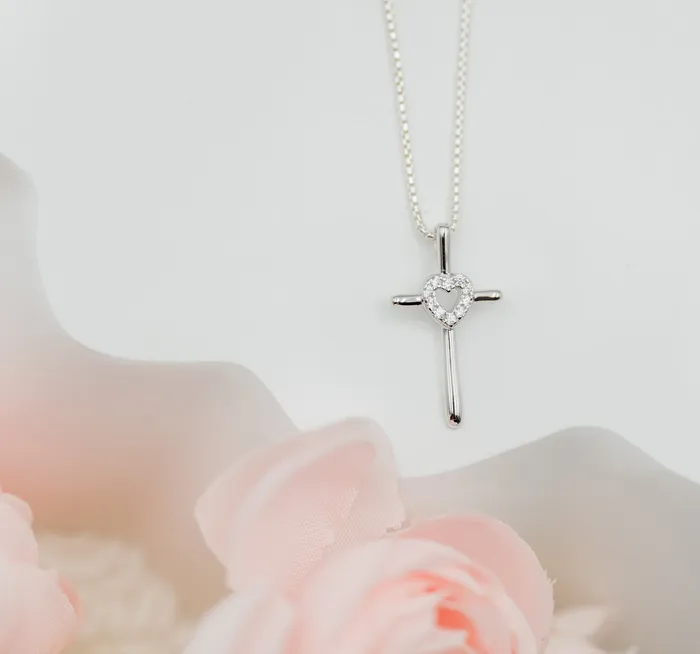 Cherished Moments Necklaces SALE Sterling Silver Childrens Cross Necklace with CZ Heart