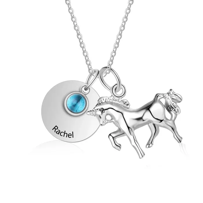 customjewelryan Necklaces Personalized Stainless Steel Pendant Necklace One Engraved Custom Name One Custom Birthstone Round Metal Horse Pendant Gift for Women