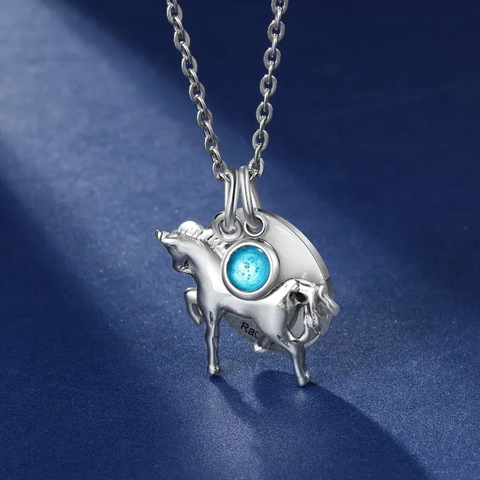 customjewelryan Necklaces Personalized Stainless Steel Pendant Necklace One Engraved Custom Name One Custom Birthstone Round Metal Horse Pendant Gift for Women