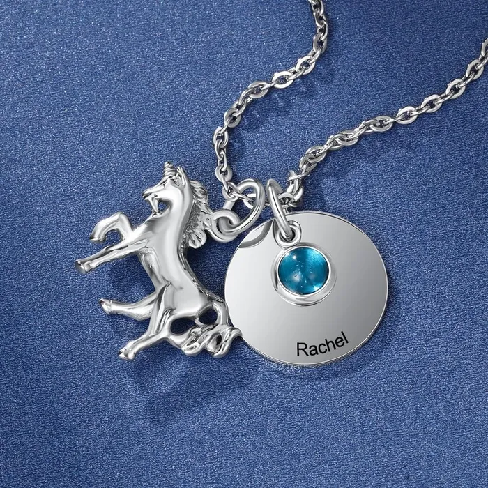 customjewelryan Necklaces Personalized Stainless Steel Pendant Necklace One Engraved Custom Name One Custom Birthstone Round Metal Horse Pendant Gift for Women