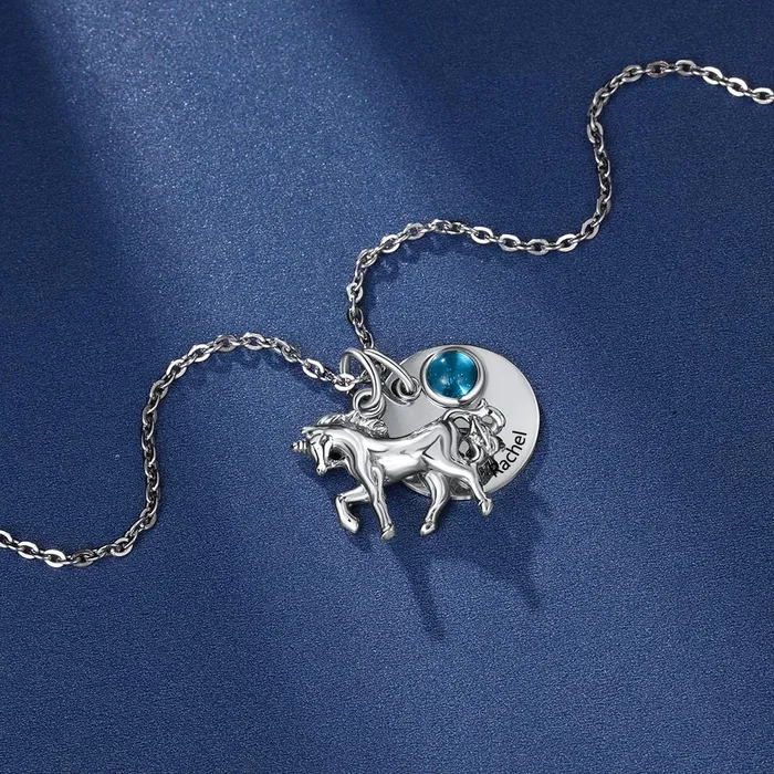 customjewelryan Necklaces Personalized Stainless Steel Pendant Necklace One Engraved Custom Name One Custom Birthstone Round Metal Horse Pendant Gift for Women