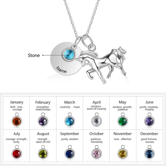 customjewelryan Necklaces Personalized Stainless Steel Pendant Necklace One Engraved Custom Name One Custom Birthstone Round Metal Horse Pendant Gift for Women