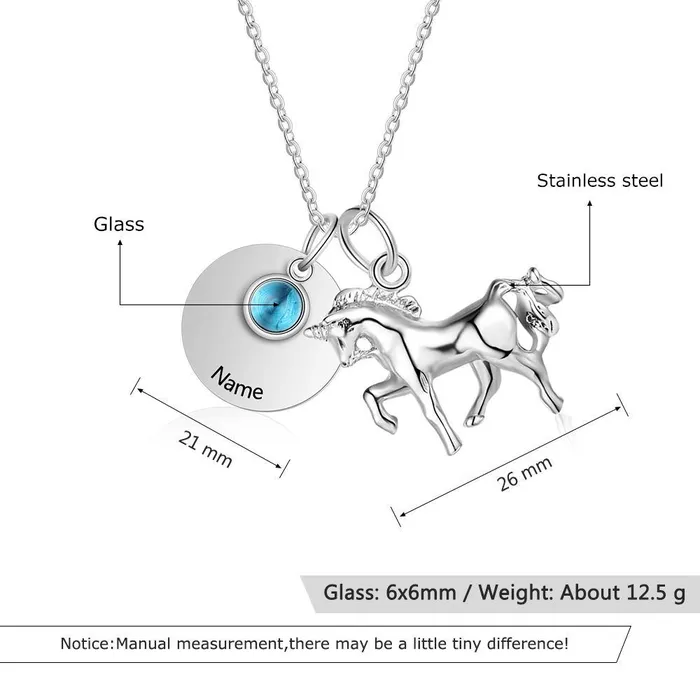 customjewelryan Necklaces Personalized Stainless Steel Pendant Necklace One Engraved Custom Name One Custom Birthstone Round Metal Horse Pendant Gift for Women