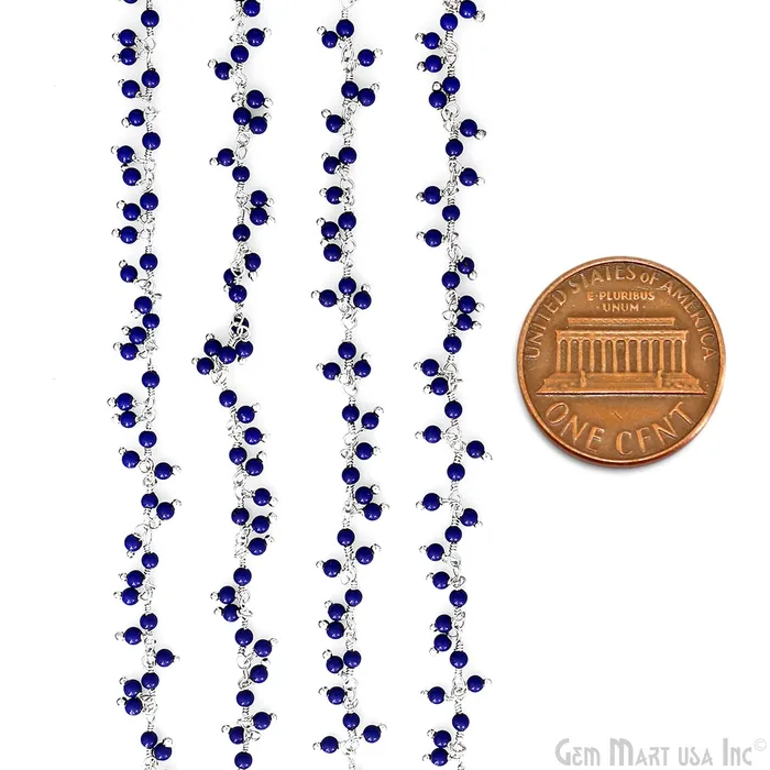 Dark Blue Chalcedony 225mm Cluster dangle Gemstone Beaded Silver Wire Wrapped Rosary Chain GemMartUSA Rings