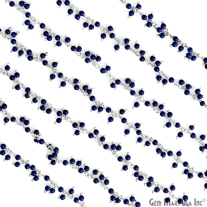 Dark Blue Chalcedony 225mm Cluster dangle Gemstone Beaded Silver Wire Wrapped Rosary Chain GemMartUSA Rings