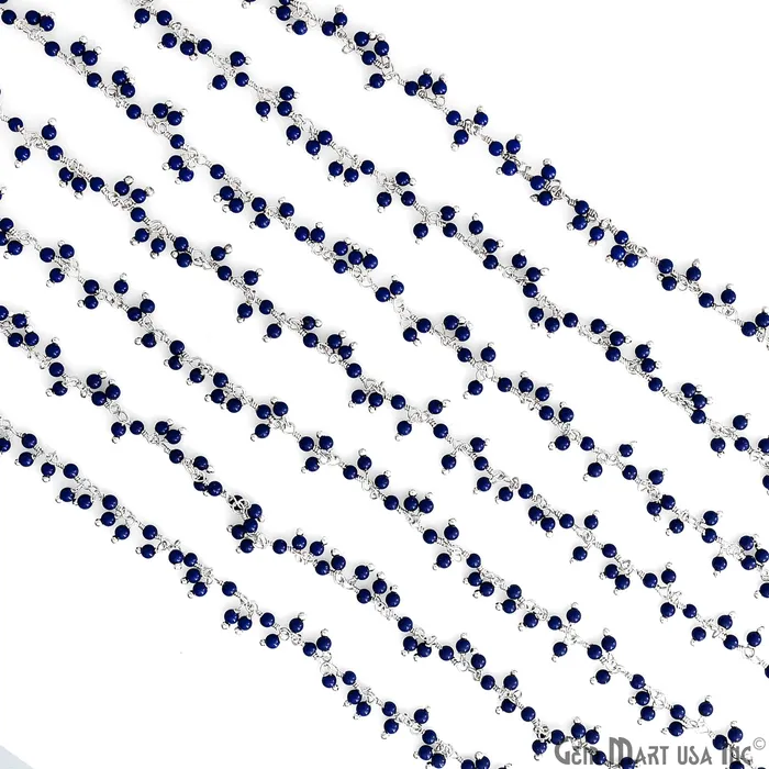 Dark Blue Chalcedony 225mm Cluster dangle Gemstone Beaded Silver Wire Wrapped Rosary Chain GemMartUSA Rings