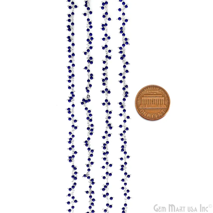 Dark Blue Chalcedony 225mm Cluster dangle Gemstone Beaded Silver Wire Wrapped Rosary Chain GemMartUSA Rings