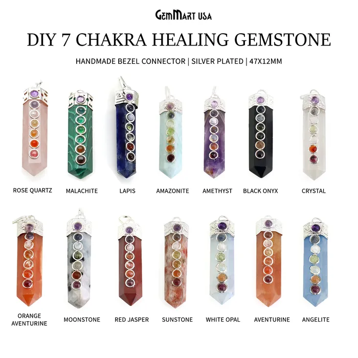DIY 7 Chakra Healing Gemstone Silver 47x12mm Terminated Pendant GemmartUSA Necklaces DIY 7 Chakra Healing Gemstone Silver 47x12mm Terminated Pendant GemmartUSA Necklaces