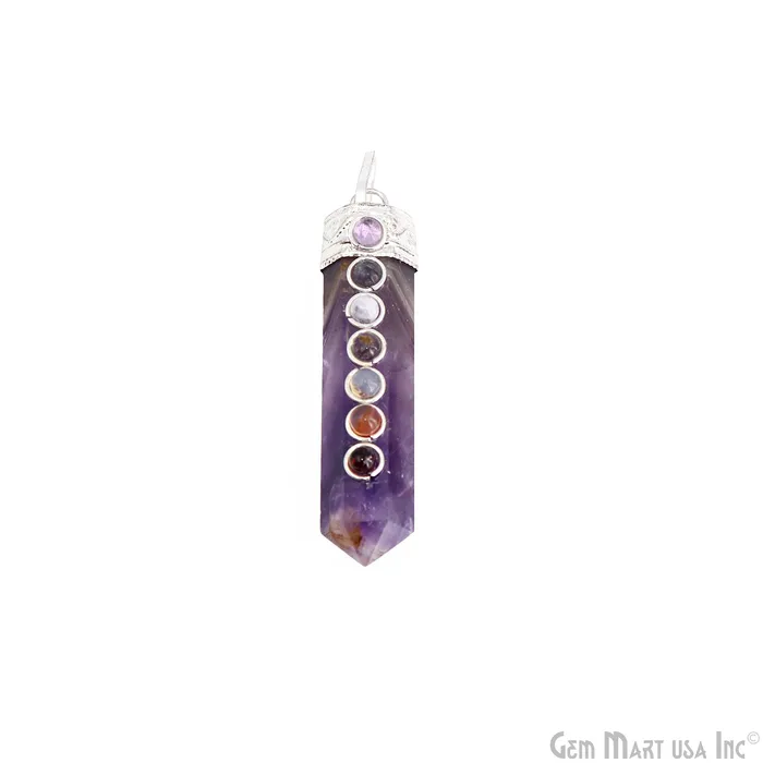 DIY 7 Chakra Healing Gemstone Silver 47x12mm Terminated Pendant GemmartUSA Necklaces DIY 7 Chakra Healing Gemstone Silver 47x12mm Terminated Pendant GemmartUSA Necklaces