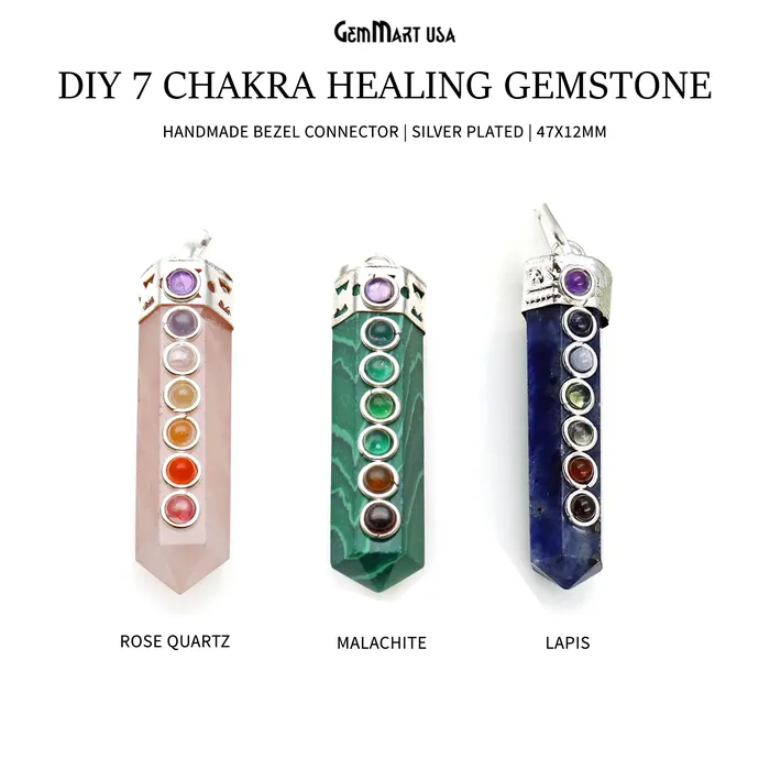 DIY 7 Chakra Healing Gemstone Silver 47x12mm Terminated Pendant GemmartUSA Necklaces DIY 7 Chakra Healing Gemstone Silver 47x12mm Terminated Pendant GemmartUSA Necklaces