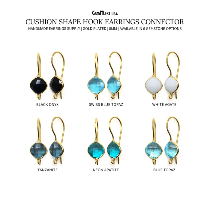 Earrings Cushion Shape 8mm Gemstone Connector Hook Earrings GemMartUSA