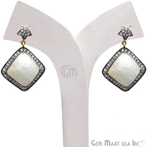 Earrings White Sapphire With Cubic Zirconia Pave Diamond 38x25mmGold Vermeil Dangle Drop Stud Earring GemMartUSA