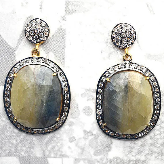 Earrings Yellow Sapphire With Cubic Zirconia Pave Diamond 40x24mmGold Vermeil Dangle Drop Stud Earring GemMartUSA