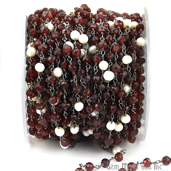 Garnet With Pearl 4mm Oxidized Wire Wrapped Beads Rosary Chain GemMartUSA Necklaces Garnet With Pearl 4mm Oxidized Wire Wrapped Beads Rosary Chain GemMartUSA Necklaces