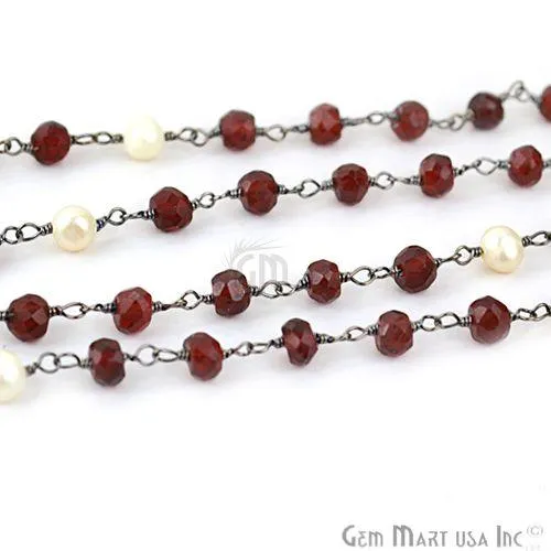 Garnet With Pearl 4mm Oxidized Wire Wrapped Beads Rosary Chain GemMartUSA Necklaces