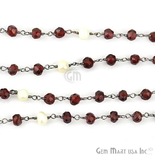 Garnet With Pearl 4mm Oxidized Wire Wrapped Beads Rosary Chain GemMartUSA Necklaces
