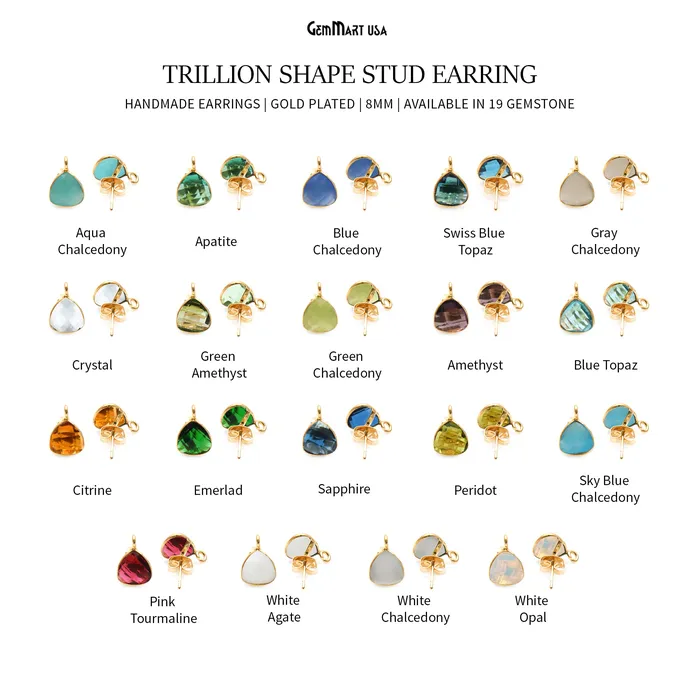 GemmartUSA Earrings DIY Trillion 8mm Gold Bail Gemstone stud Earring