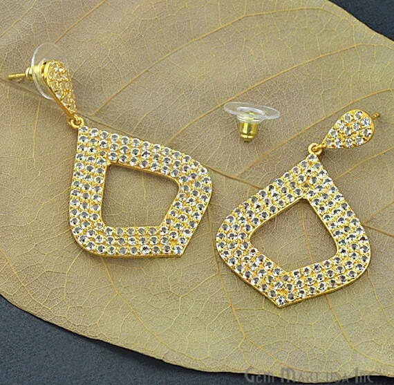 GemMartUSA Earrings Gold Vermeil Studded With Micro Pave White Topaz 50x31mm Dangle Earring